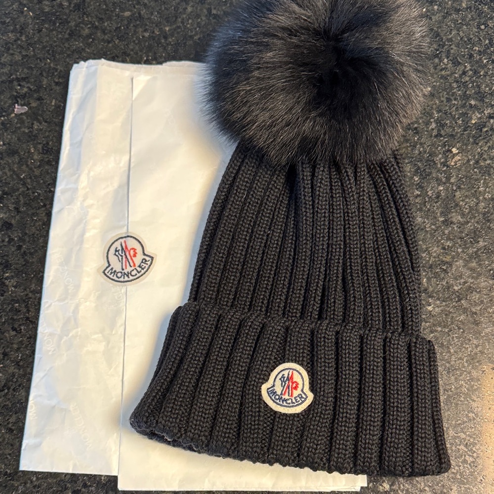 Moncler Black Beanie with Pom Pom